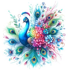 Fototapeta premium Flowers and a peacock surround a peacock golden with colored roses 