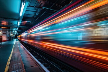 A train is moving through a tunnel with bright lights, generative ai image