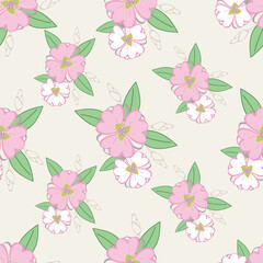 Seamless floral pattern, cute ditsy print with small pink flowers, leaves on purple background. Pretty botanical design for fabric, paper and other surfaces. Vector illustration.