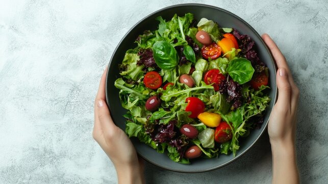Celebrating World Vegan Day, a vibrant salad filled with fresh greens, cherry tomatoes, and colorful bell peppers is being lovingly held and displayed