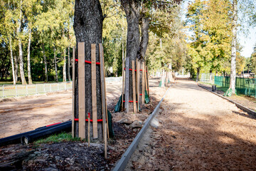 Road reconstruction, trees covered with boards for protection