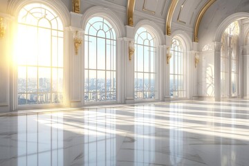 Obraz premium A breathtaking hall with exquisite marble floors, grand columns, and intricate gold detailing, illuminated by natural light, exuding elegance and showcasing a rich, captivating history