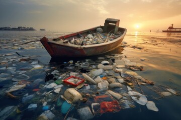 Fototapeta premium Trash floating on the sea pollution watercraft outdoors.