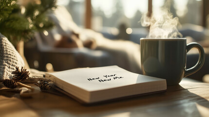 New Year's resolution notebook with "New Year New Me" written on the first page surrounded by a cozy quiet atmosphere