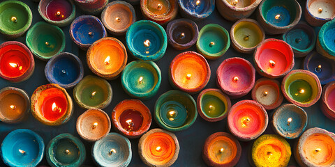 Colorful Diya Lamps in a Row for Diwali