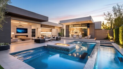 Fototapeta premium Modern luxury home with a pool and outdoor seating, ideal for relaxation and gatherings.