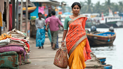 Naklejka premium Indian Woman in traditional sari walking at vibrant waterfront market