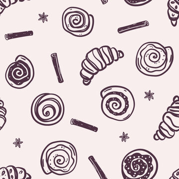 Seamless pattern of croissants, cinnamon rolls and spice on beige background. Cozy fall bakery and spice-infused pastry. Hand-drawn black line art. Vector design for textile, wallpaper, wrapping paper