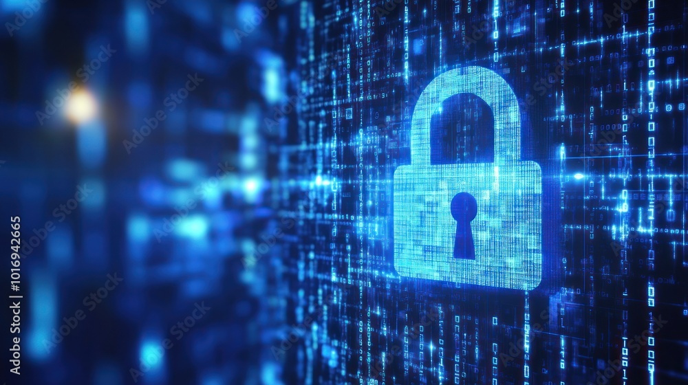 Poster digital lock symbol over a matrix background representing cybersecurity and data protection.