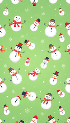 Seamless pattern made with funny snowmen on green background isolated with white highlights, png