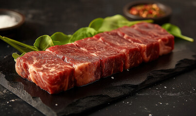 Fototapeta premium Raw pieces of meat lie on the table, ready for cooking.