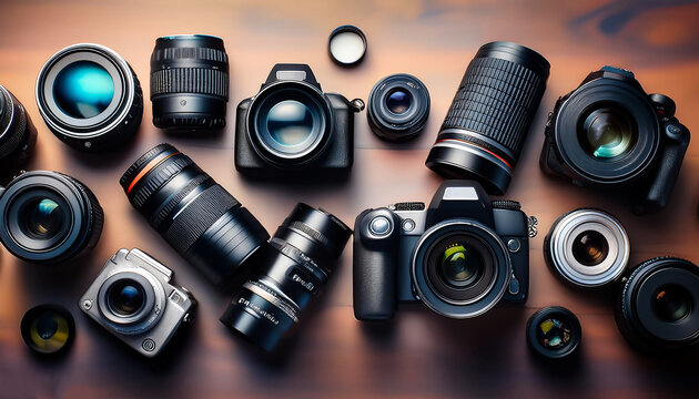 A collection of modern cameras with their lenses placed neatly on a stylish table