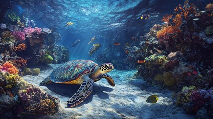 Naklejka premium Colorful Turtle Swimming Among Vibrant Coral Reef
