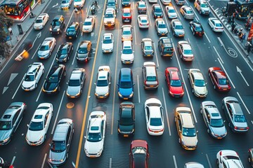 Obraz premium A busy city street with a lot of traffic and a bus in the middle, generative ai image