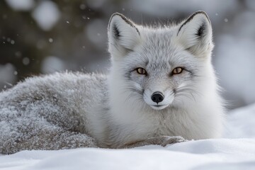 Obraz premium Beautiful arctic fox relaxing on snow during winter