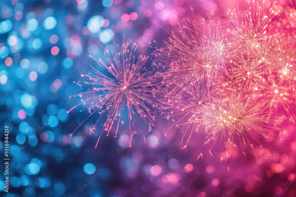 Poster Pink and blue festive background with sparkling fireworks exploding