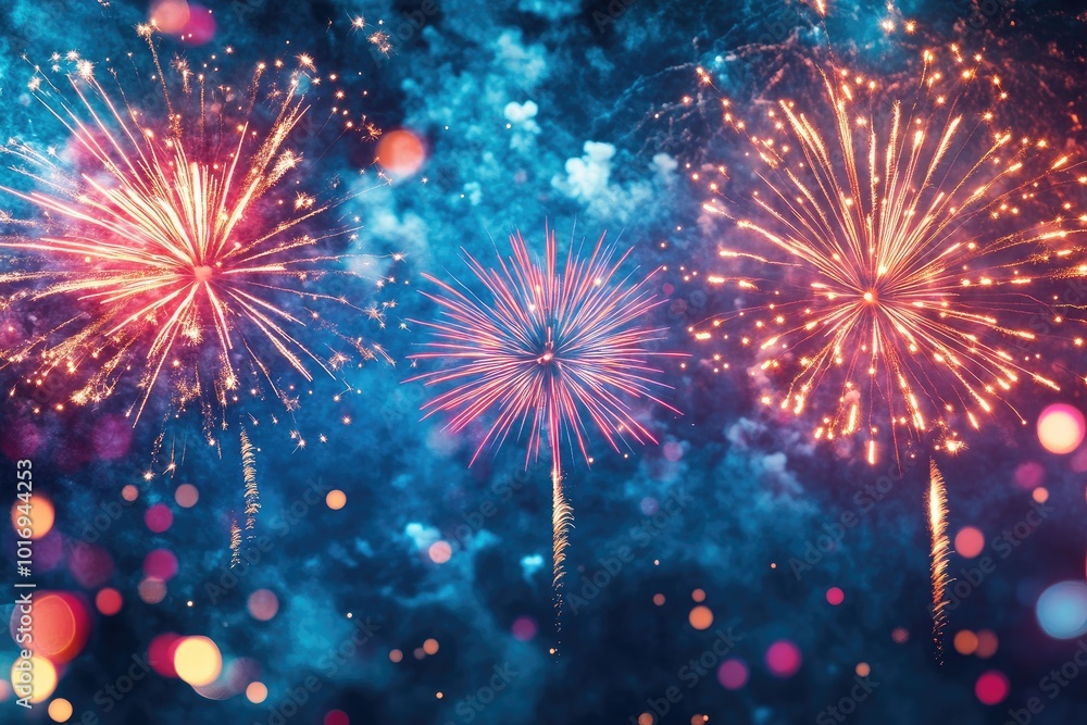 Poster fireworks exploding with colorful bokeh lights and smoke filling the blue night sky