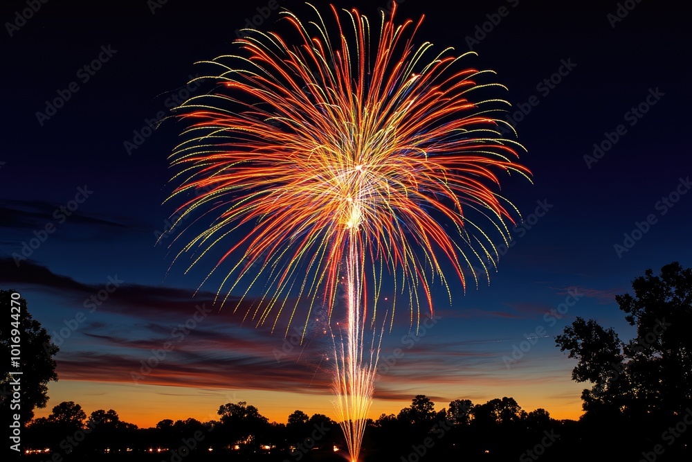 Poster colorful fireworks exploding over silhouetted trees at dusk