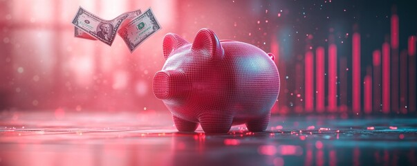 A Pink Piggy Bank With a Dollar Bill in the Air