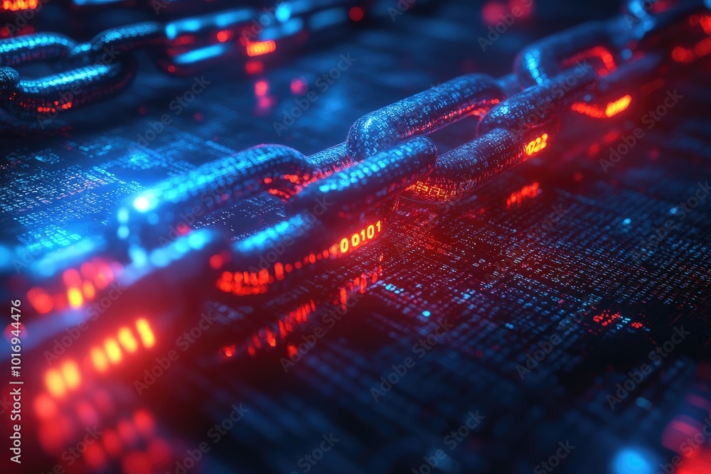 Fototapete Blockchain technology forming secure data chain with binary code
