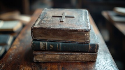 Old, worn out hymnals with a cross sitting on a wooden surface