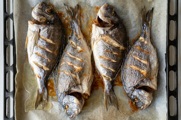 Baked fish for four people in a baking tray