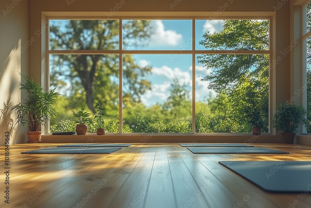 Poster sunlight is illuminating an empty yoga studio with a beautiful view of nature