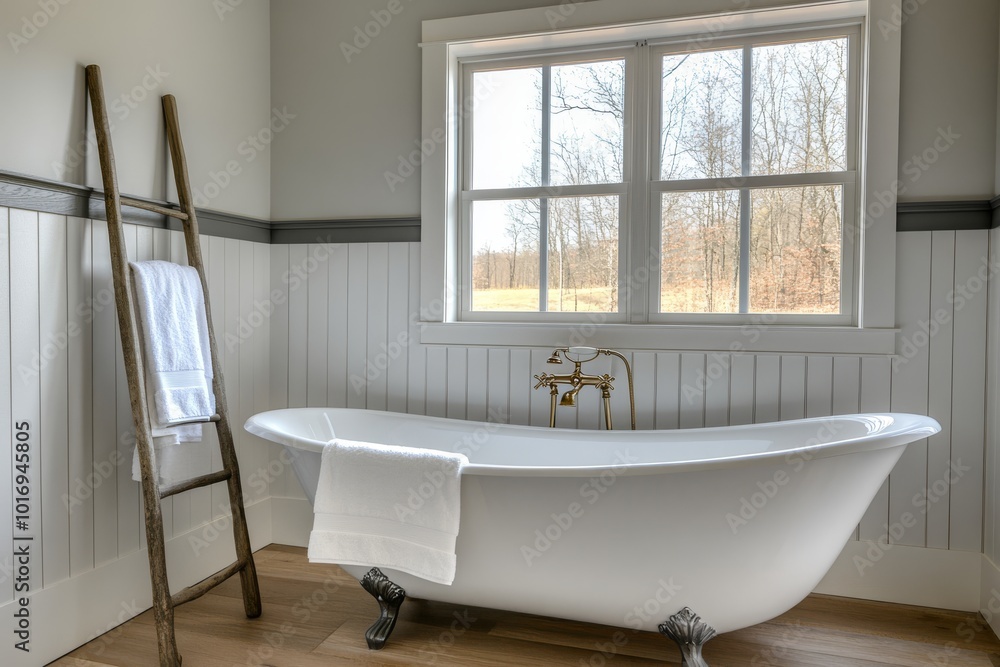 Wall mural The beautifully styled and designed bathroom showcases a classic tub, elegant finishes, along with minimalist decor, all coming together to create a truly luxurious retreat for relaxation and comfort