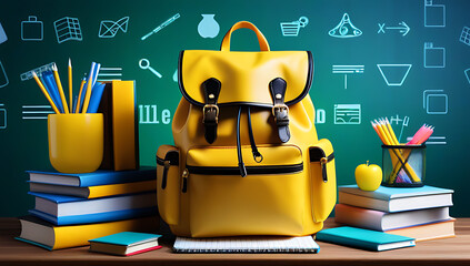 colorful online learning banner features yellow backpack overflowing school supplies quirky checkered backdrop adorned whimsical scientific illustrations