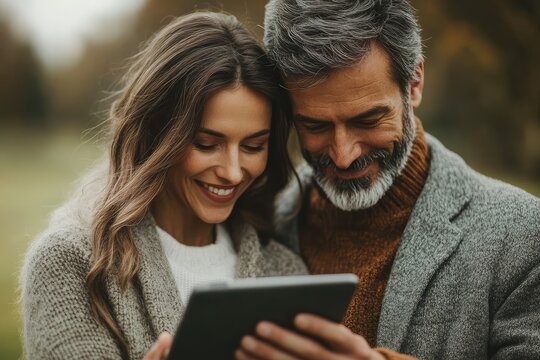 Happy couple using digital tablet while enjoying spending time together outdoors in the autumn