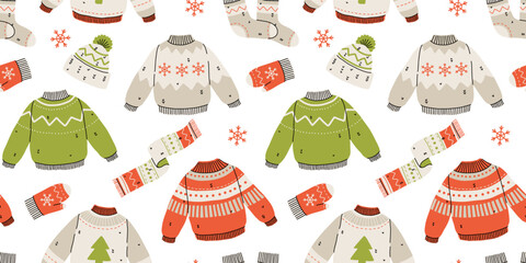 Vector seamless pattern of cute winter clothes sweaters, socks, hats, mittens, scarf. Collection of ugly sweaters with norwegian ornaments.