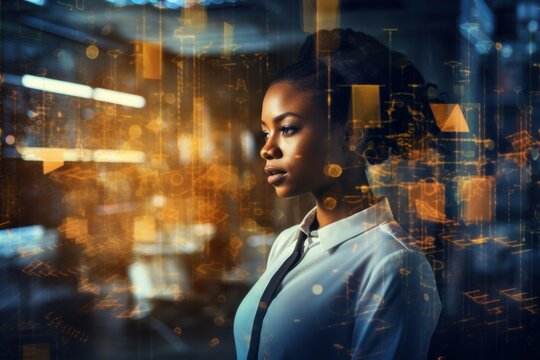 Black business woman future data analytics portrait contemplation architecture.