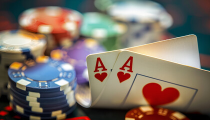 Luxurious casino night with poker cards and chips in michigan, featuring colorful poker chips in a glamorous setting