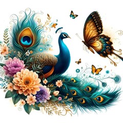 Naklejka premium Flowers and a peacock surround a peacock golden with color roses 