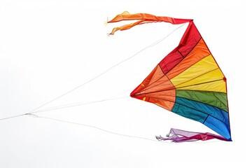 Large rainbow colored kite flying on a string