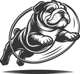 a bulldog jumping through a hoop silhouette vector design.
