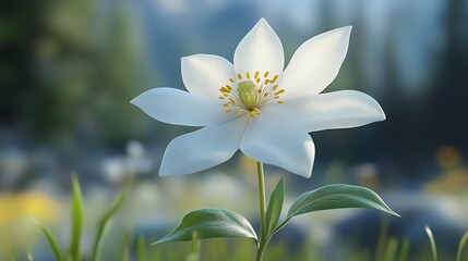 Fototapeta premium A single white flower with yellow center blooms in a field of other flowers with a blurred background.