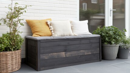 Outdoor wooden storage box with Patio area, Furniture photography