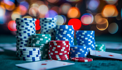 Luxurious casino night with poker cards and chips in michigan, featuring colorful poker chips in a glamorous setting