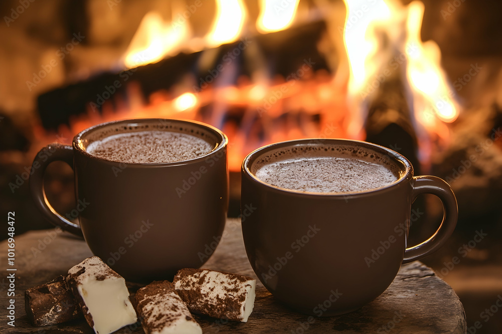 Wall mural two cups of hot chocolate near a cozy fire