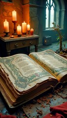 ancient open Cursed book, warm atmosphere, resting on table with candles and decorative elements in room
