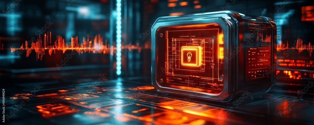 Poster Futuristic Security System with Keyhole Icon Display on a Tech Interface