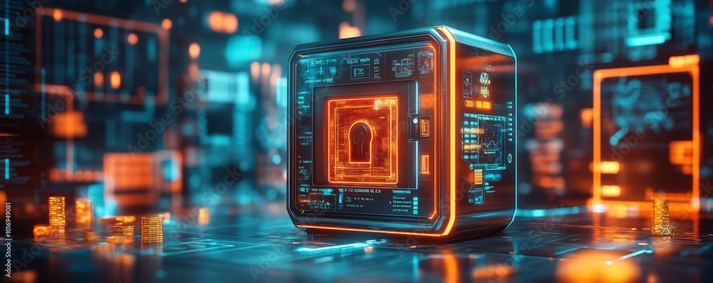 Poster futuristic security system with keyhole and digital interface