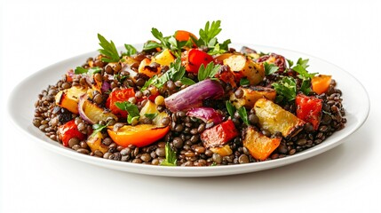 A hearty French lentil salad with roasted vegetables, placed on a white plate with an isolated background
