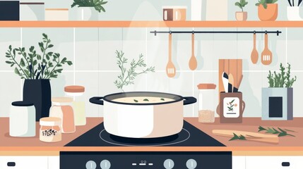 Cozy Kitchen with Herb Pots and Cooking Scene