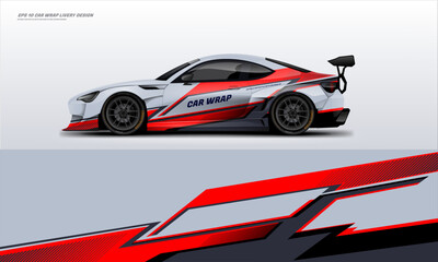 sporty Racing Car wrap livery design with a touch of red, black and white. branding mockup with racing wrap decal or livery design