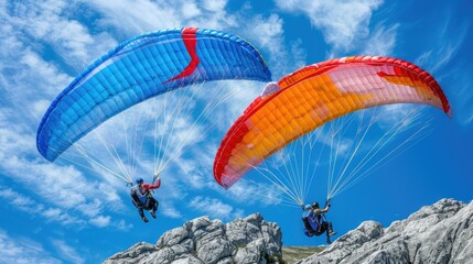 An Asian man gracefully paragliding through the vibrant blue sky over rocky terrain