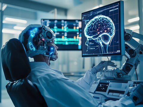 Brain Computer Interface Patient Controlling Robotic Arm with Thought in High Tech Medical Setting