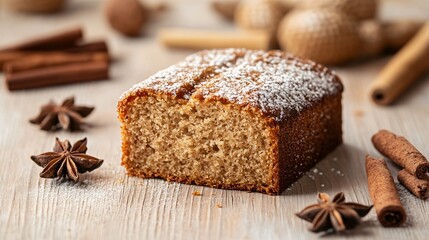 A slice of fresh pain d'epices, a spiced French gingerbread, isolated on a light wooden background