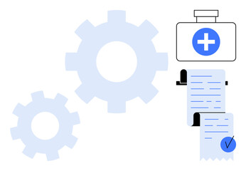 Two large gears and a medical cross icon are joined by a medical document with a checkmark. Ideal for healthcare technology, medical record management, health services, technical processes